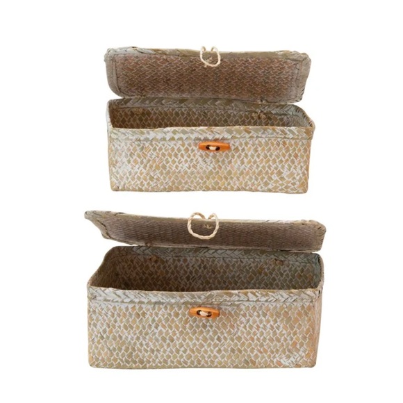 CREATIVE CO-OP NWT 2pc hand woven seagrass boxes w/ lids & toggle closure - Picture 3 of 6